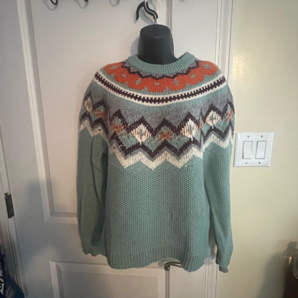 J. Crew Women's Green and Orange Patterned Crewneck Sweater